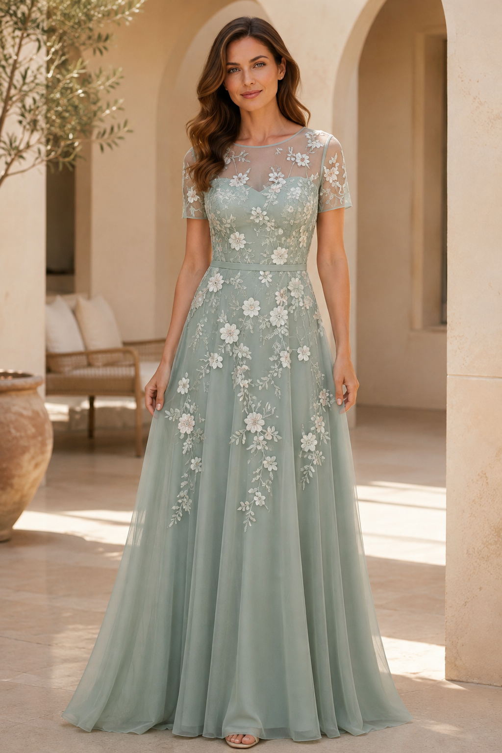 Vestido largo acampanado con bordado floral y efecto ilusión