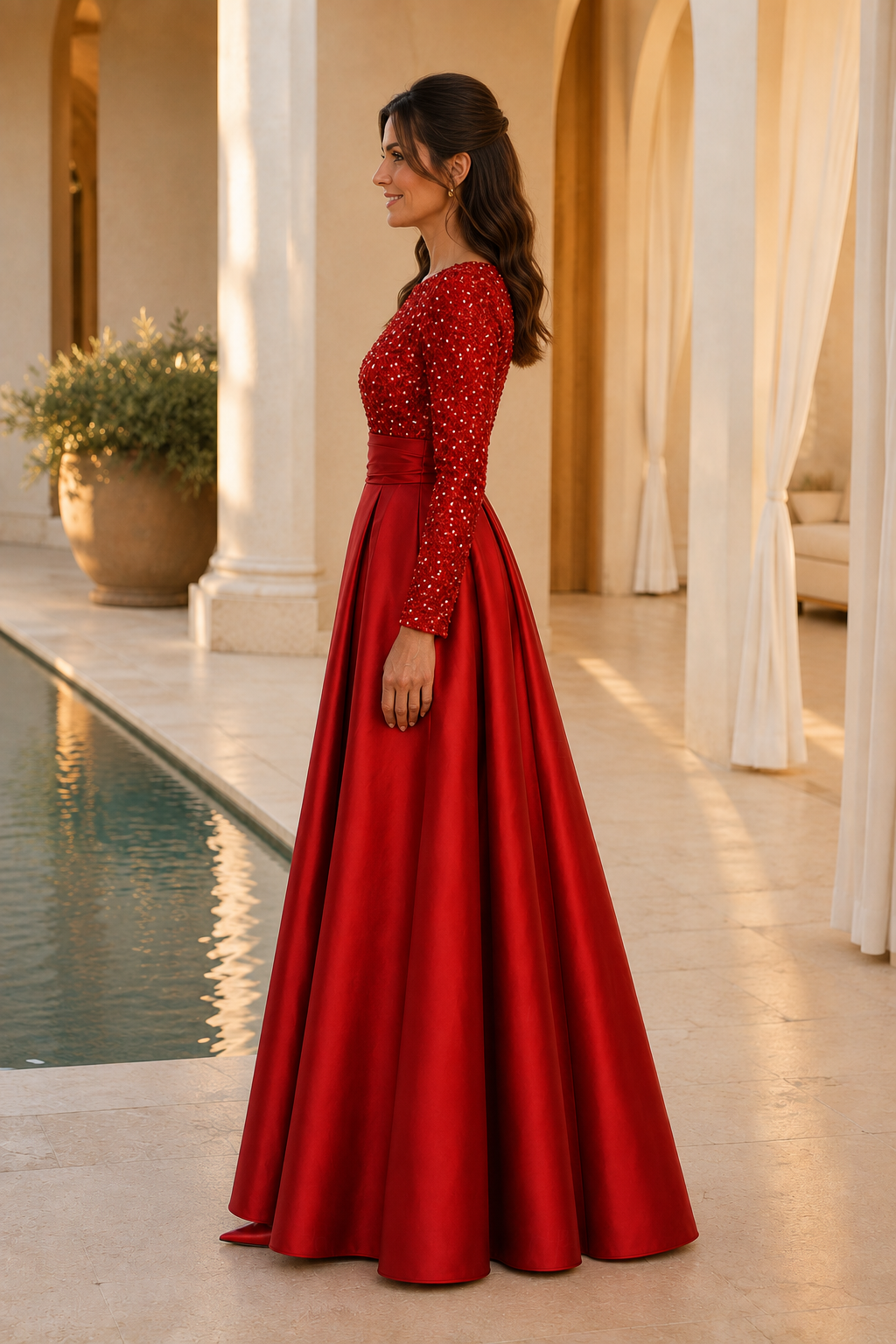 Vestido de gala de satén plisado de manga larga con cuentas