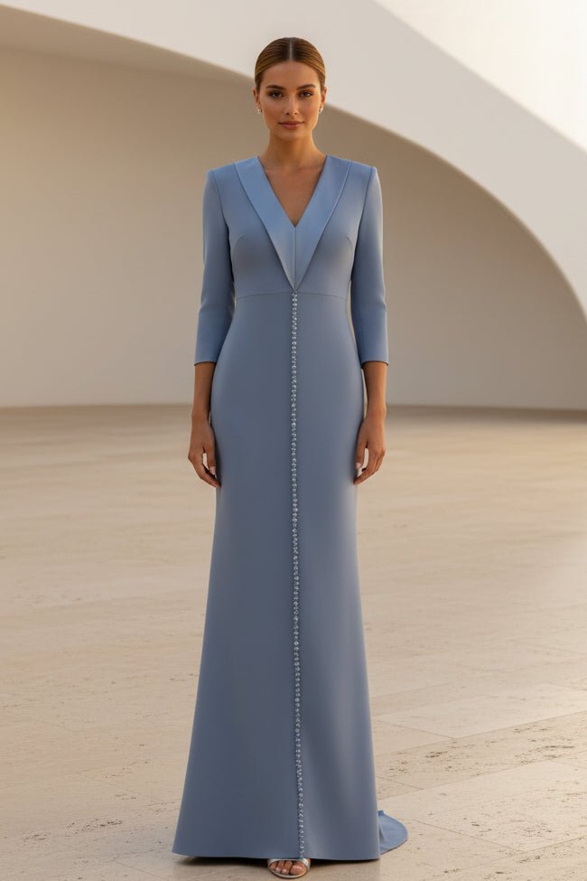 Elegante Vestido Largo Recto de Manga Tres Cuartos con Cuello de Satén