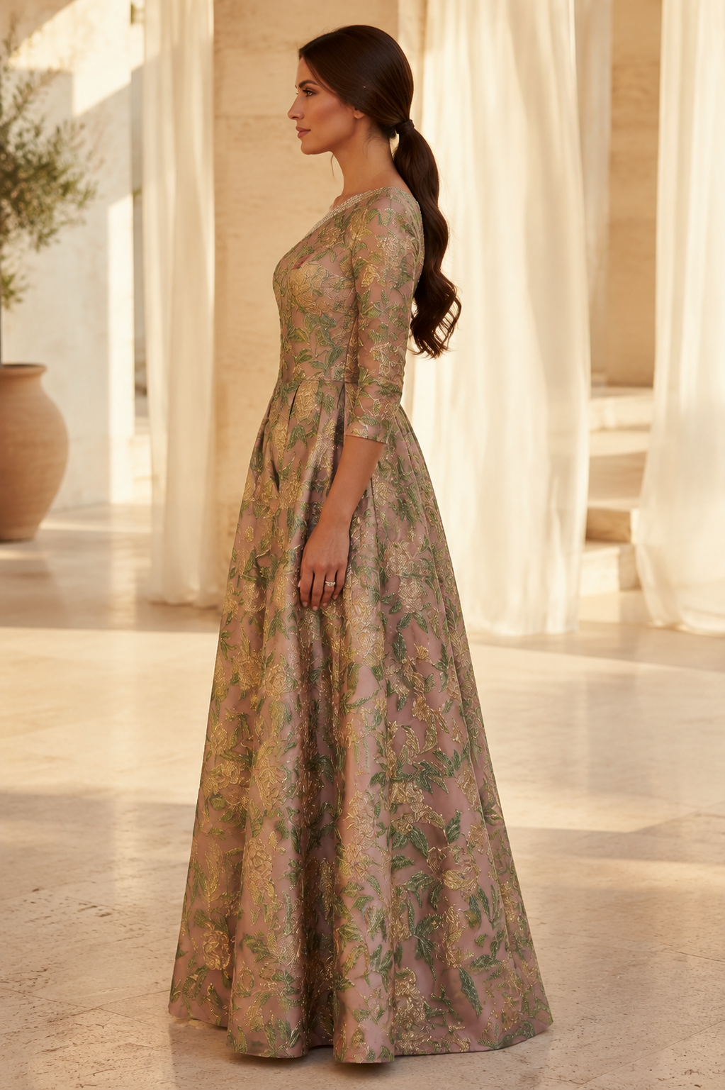 Vestido largo de jacquard floral con escote asimétrico y abalorios
