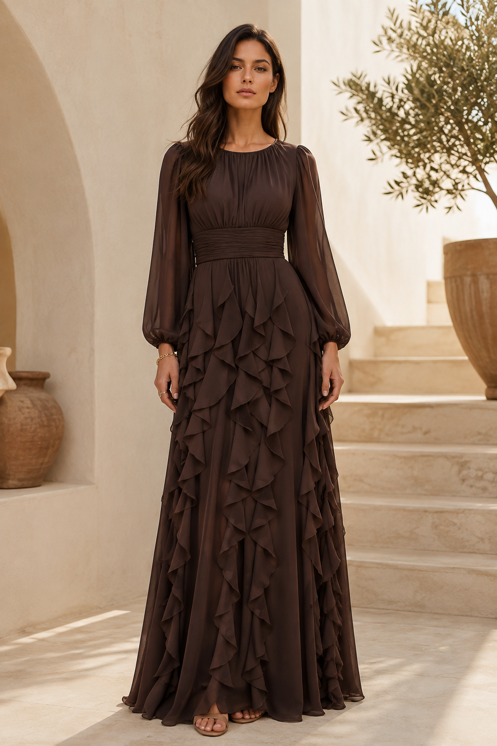 Vestido largo con volantes escalonados de manga larga
