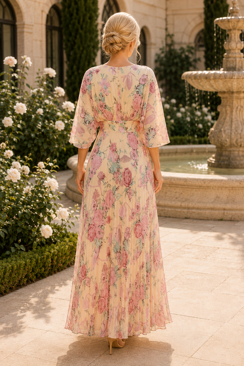 Vestido Maxi Plisado con Estampado Floral y Mangas Acampanadas