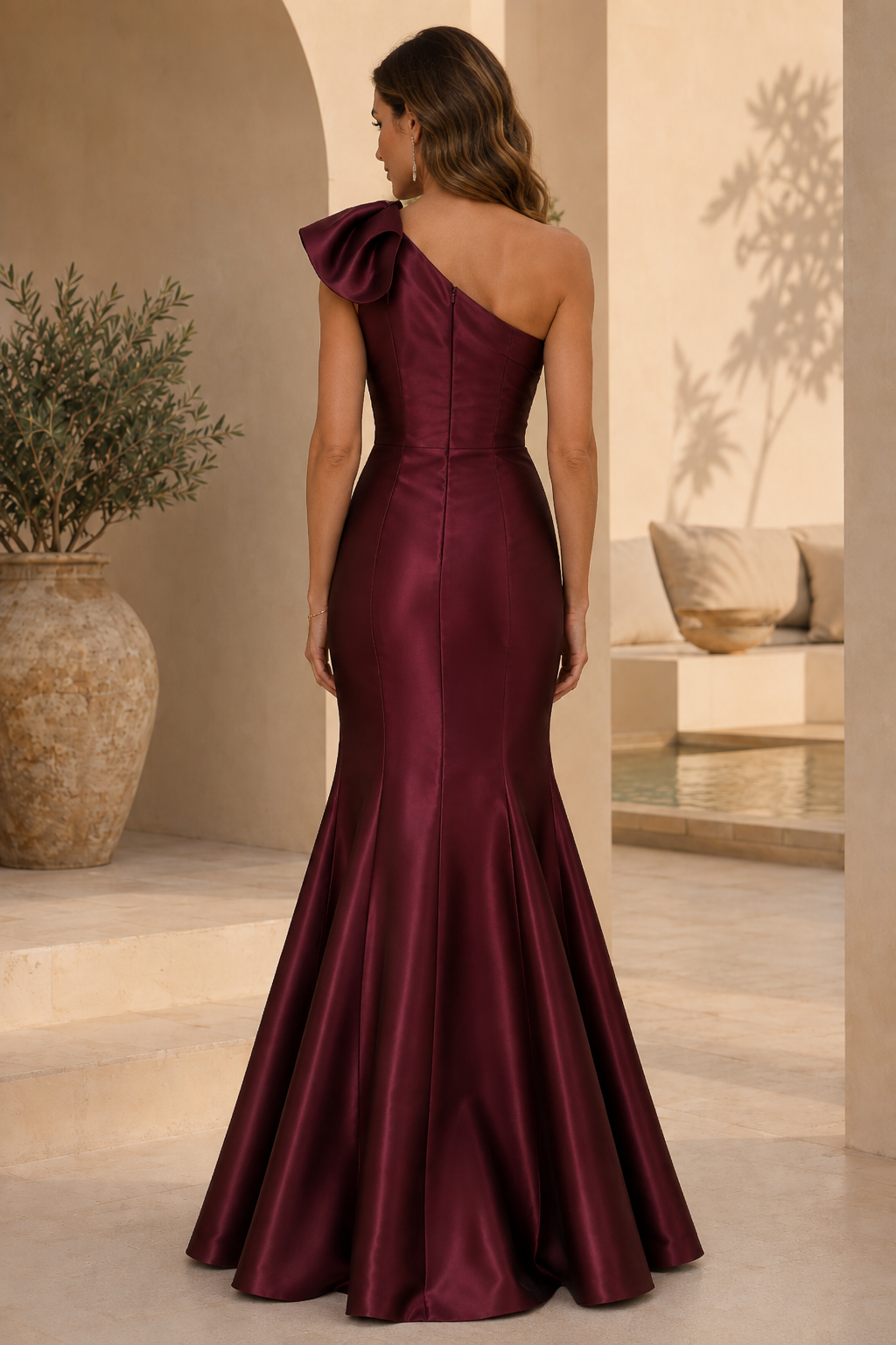 Vestido de satén corte sirena con un solo hombro y acento floral