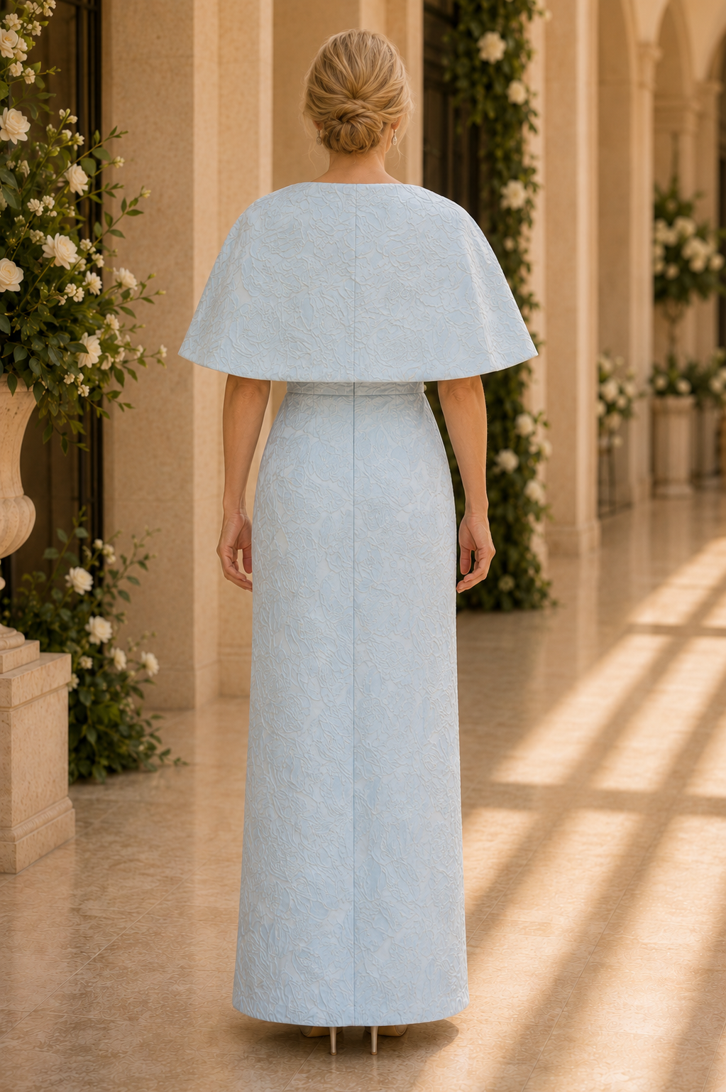 Vestido Columna de Jacquard con Capelina y Detalle de Lazo