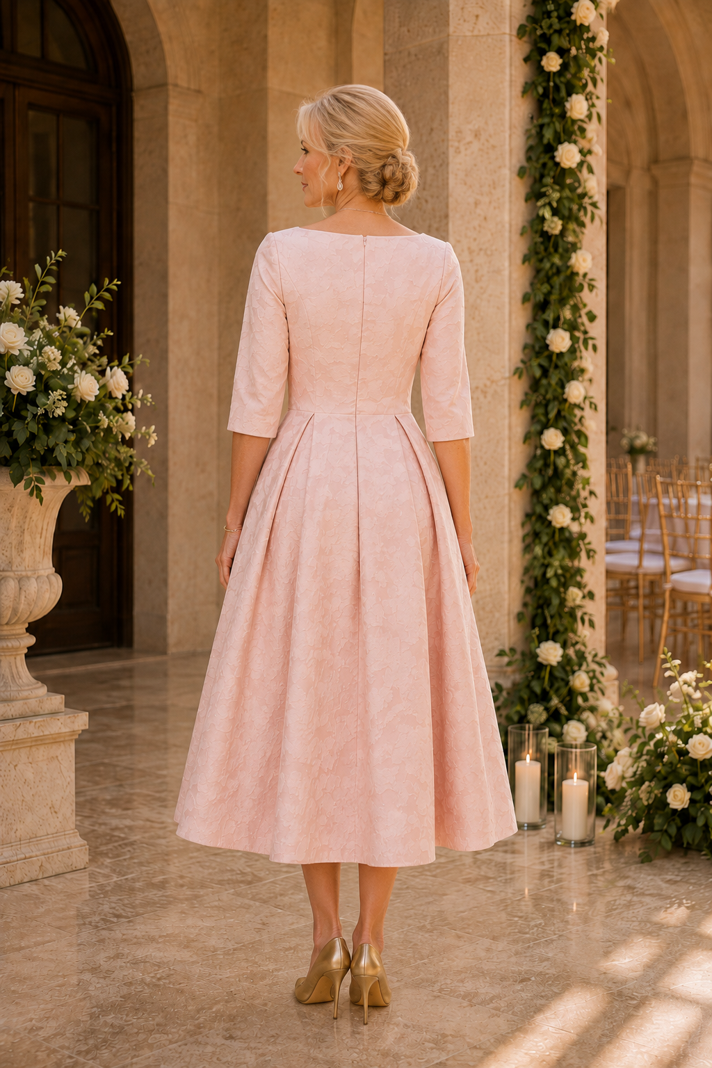 Vestido Jacquard de Largo Té y Manga 3/4