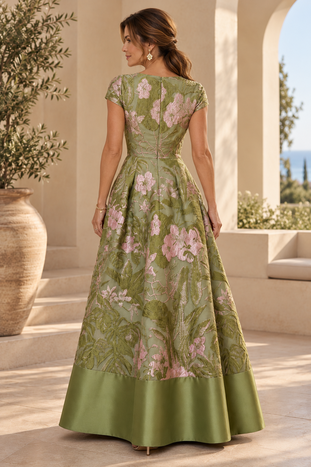 Floral Jacquard A-Line Gown with Cap Sleeves & Pockets