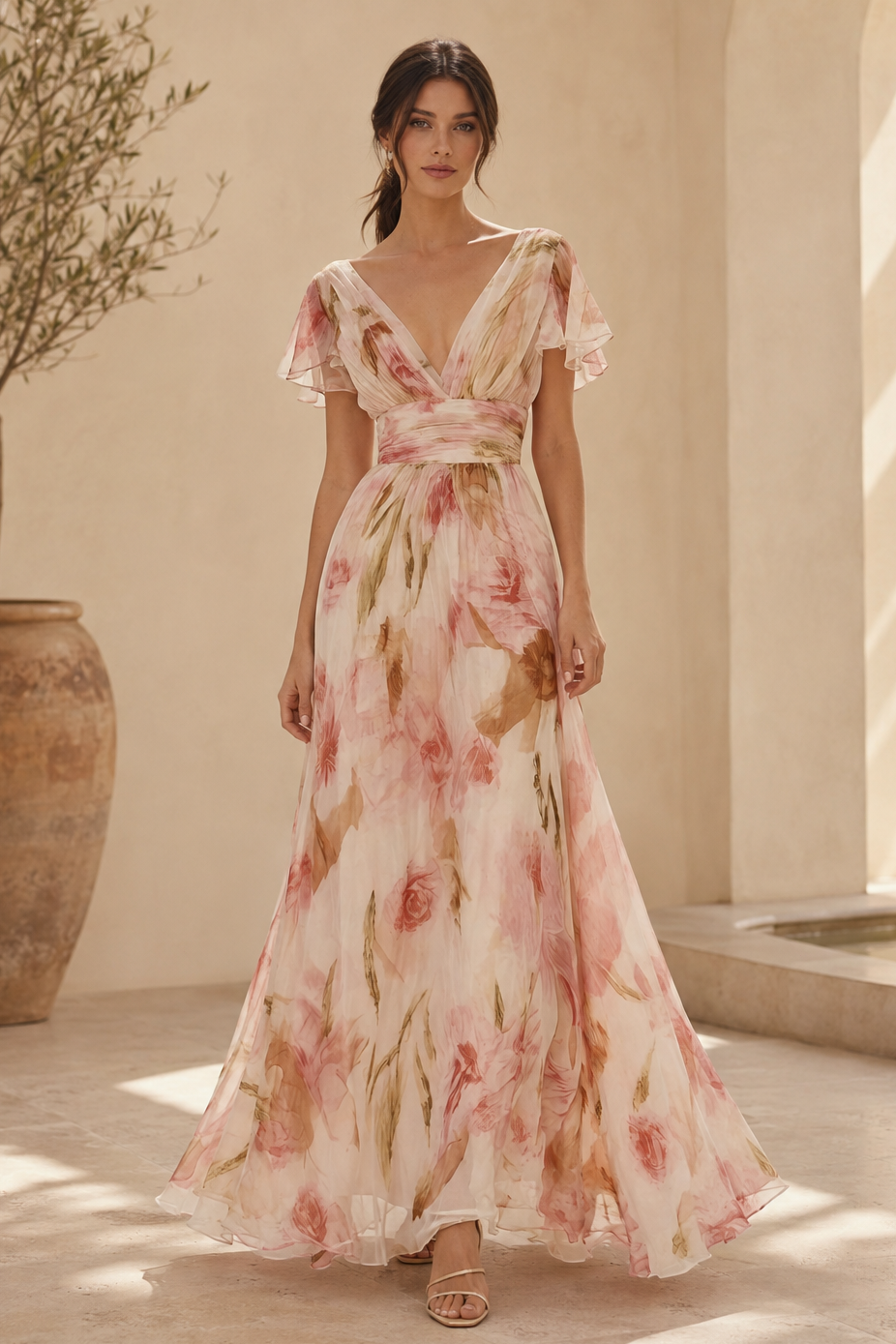 Vestido largo con escote en V, estampado floral y mangas con volantes
