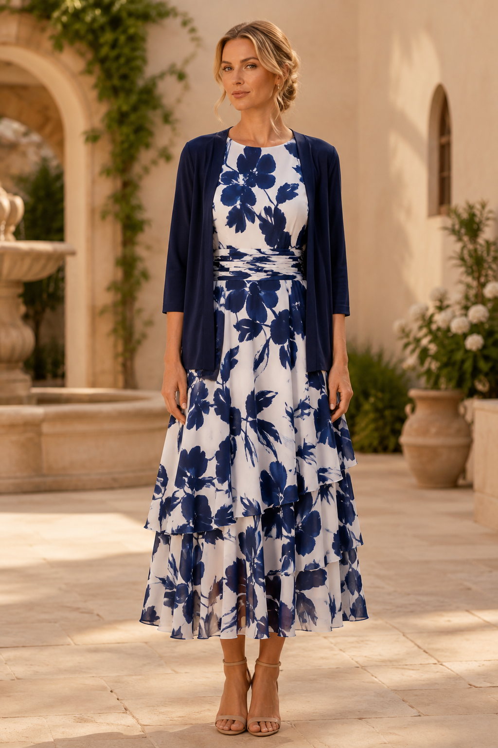 Vestido midi floral con volantes y chaqueta de manga 3/4