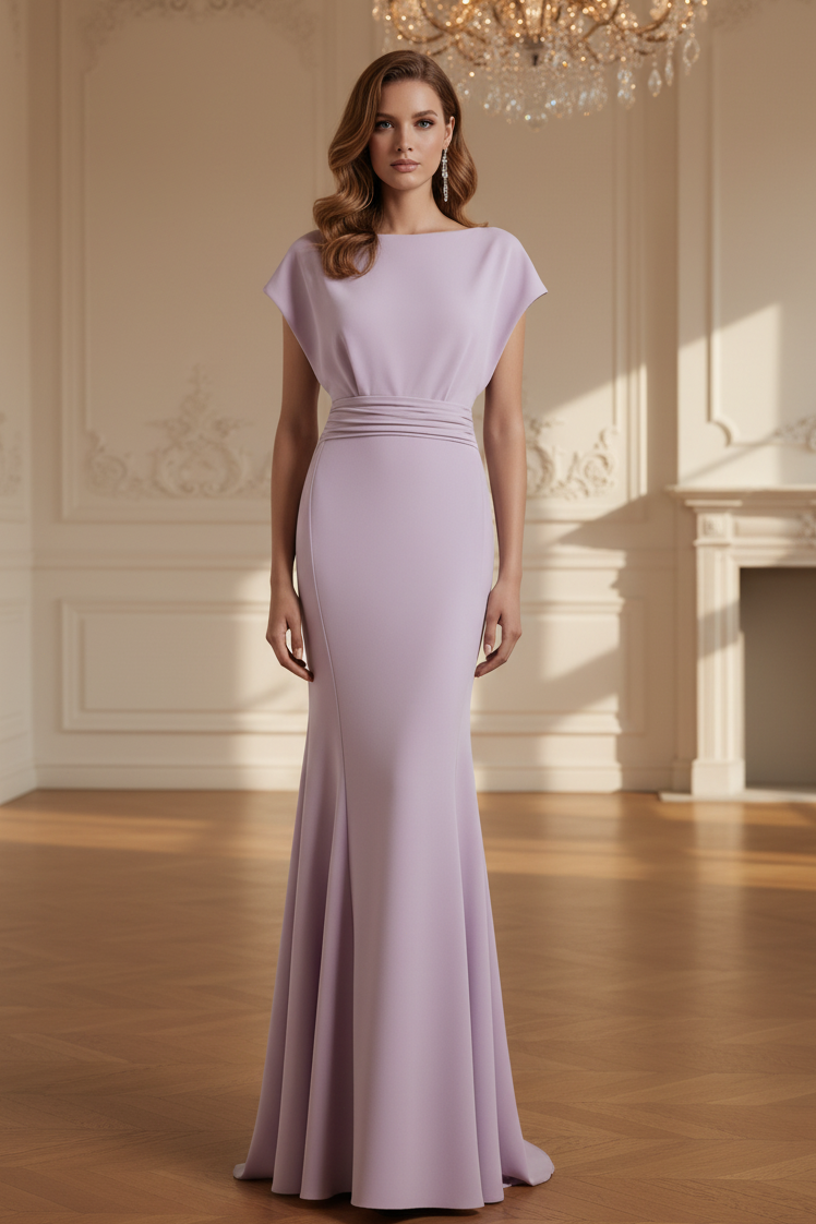 Vestido de noche estilo sirena con cuello de barco y cintura fruncida