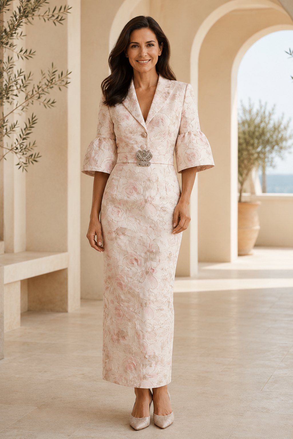Vestido estilo blazer de jacquard floral con mangas acampanadas