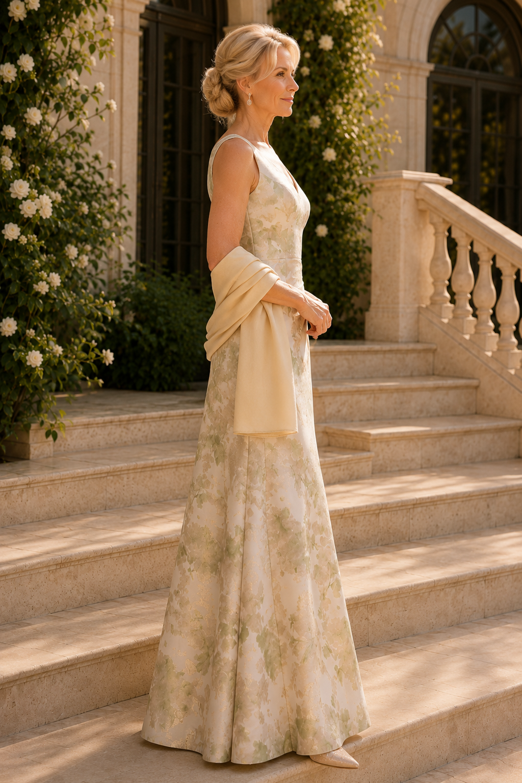 Vestido de gala formal sin mangas de jacquard con estampado floral