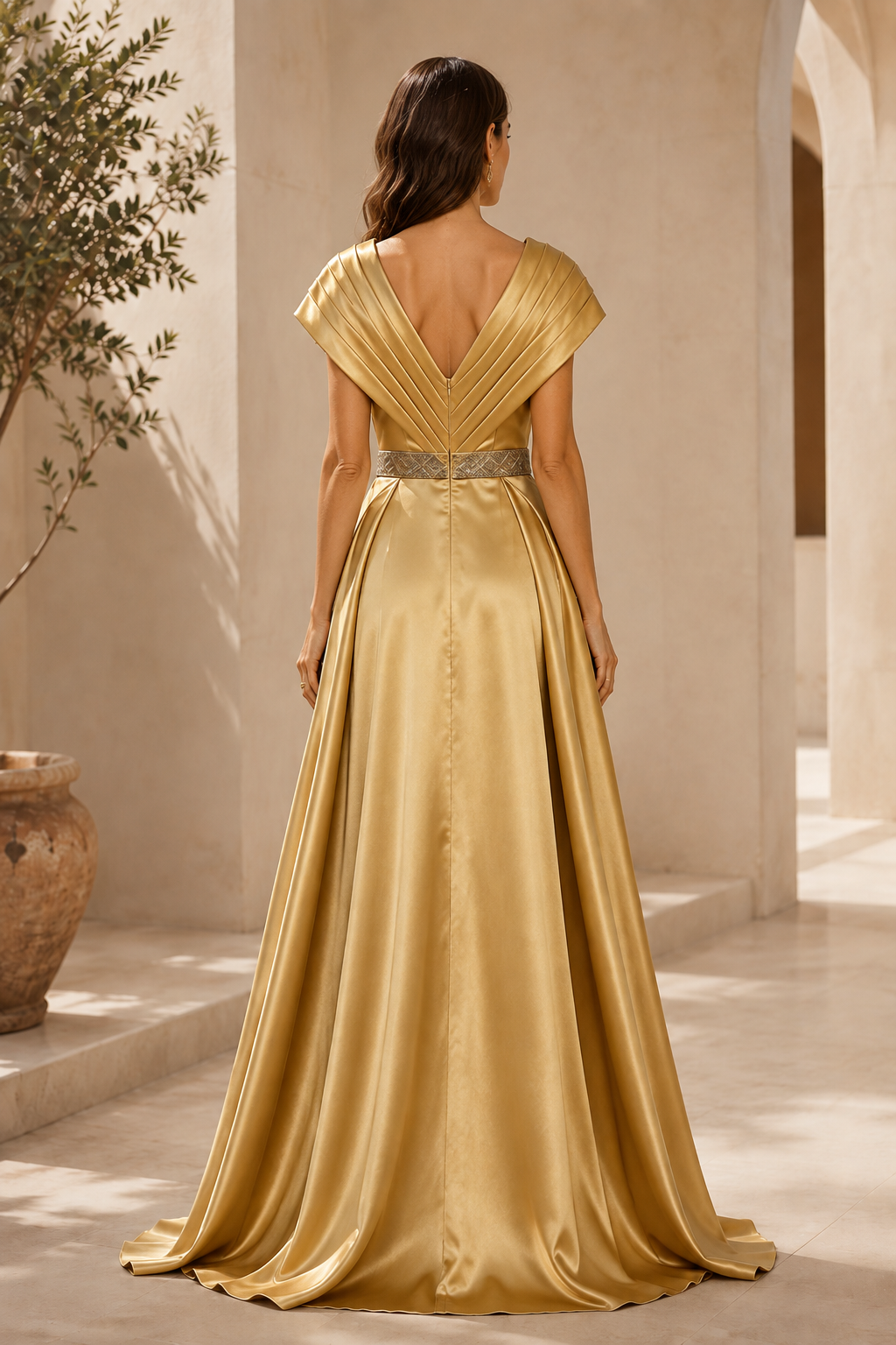 Vestido de noche de satén plisado con cinturón de cuentas