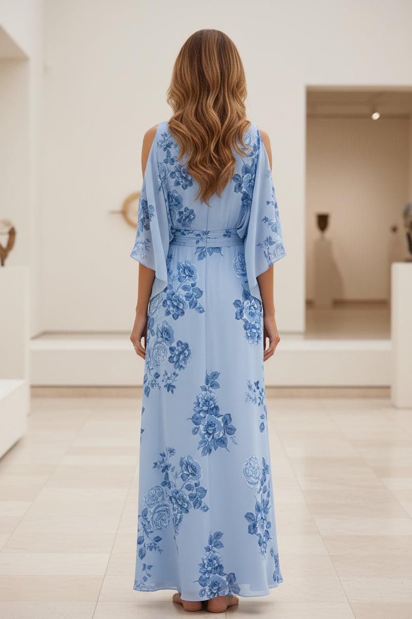 Vestido maxi estampado floral con hombros descubiertos y bolsillos