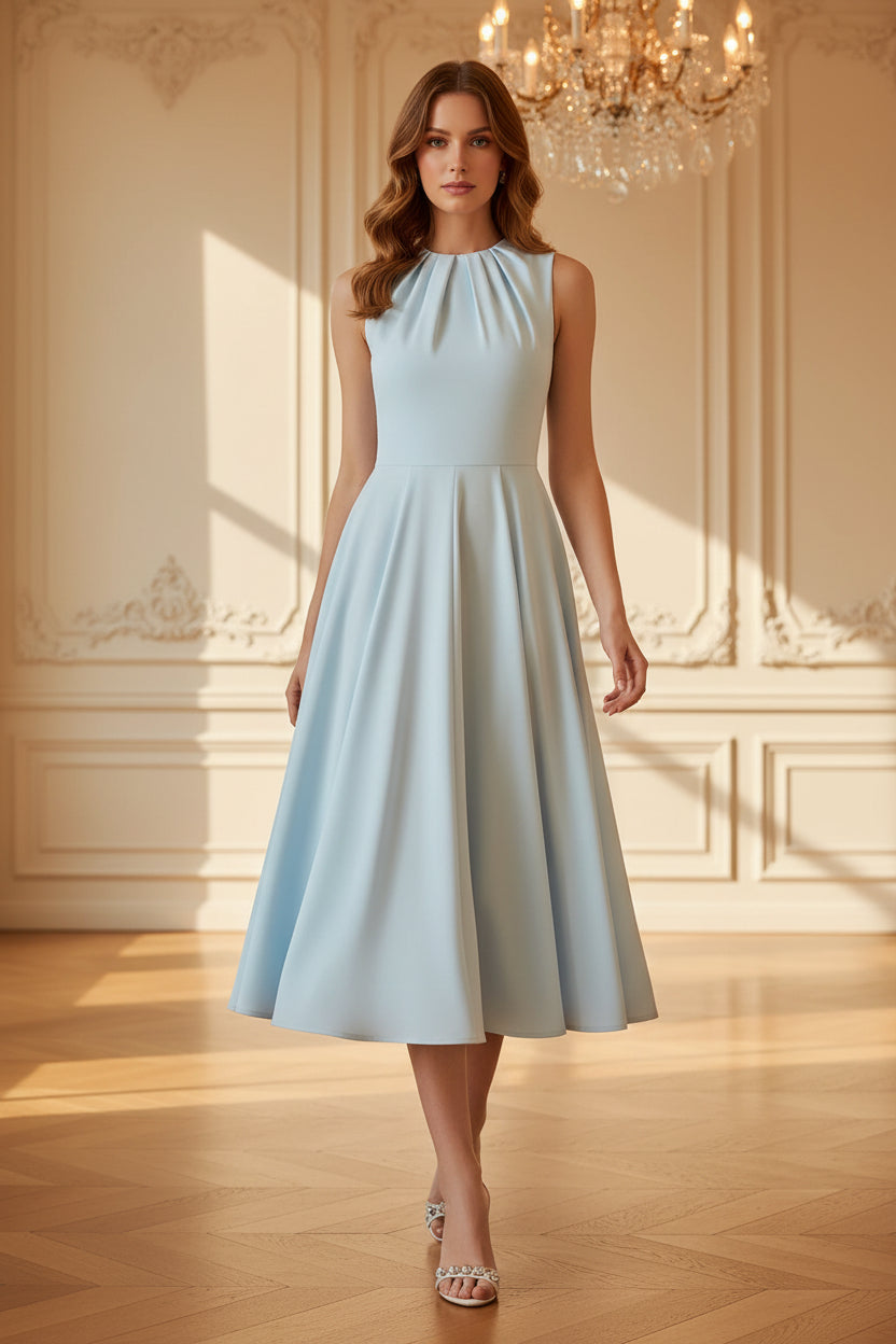 Vestido Midi Acampanado de Cuello Alto con Pliegues