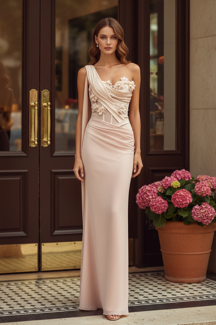 Vestido de noche con corsé floral 3D y un solo hombro