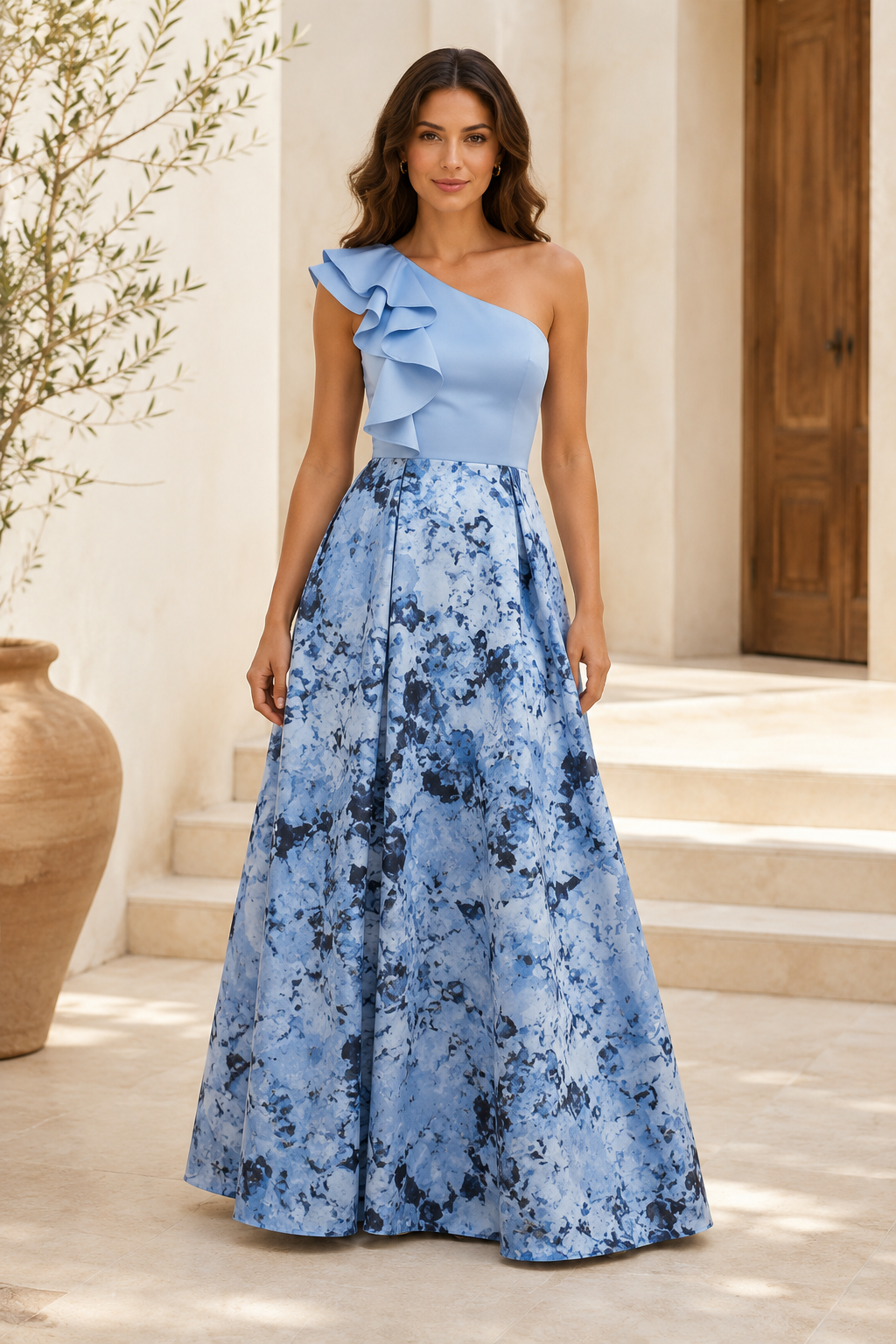 Vestido de noche acampanado con estampado floral, un solo hombro y volantes