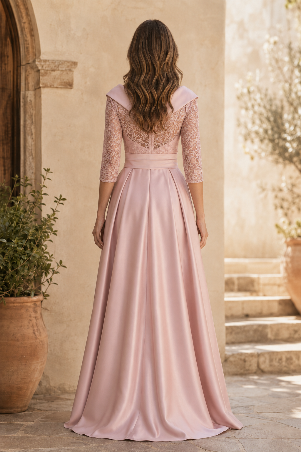 Vestido de noche estilo A con corpiño de encaje y fajín