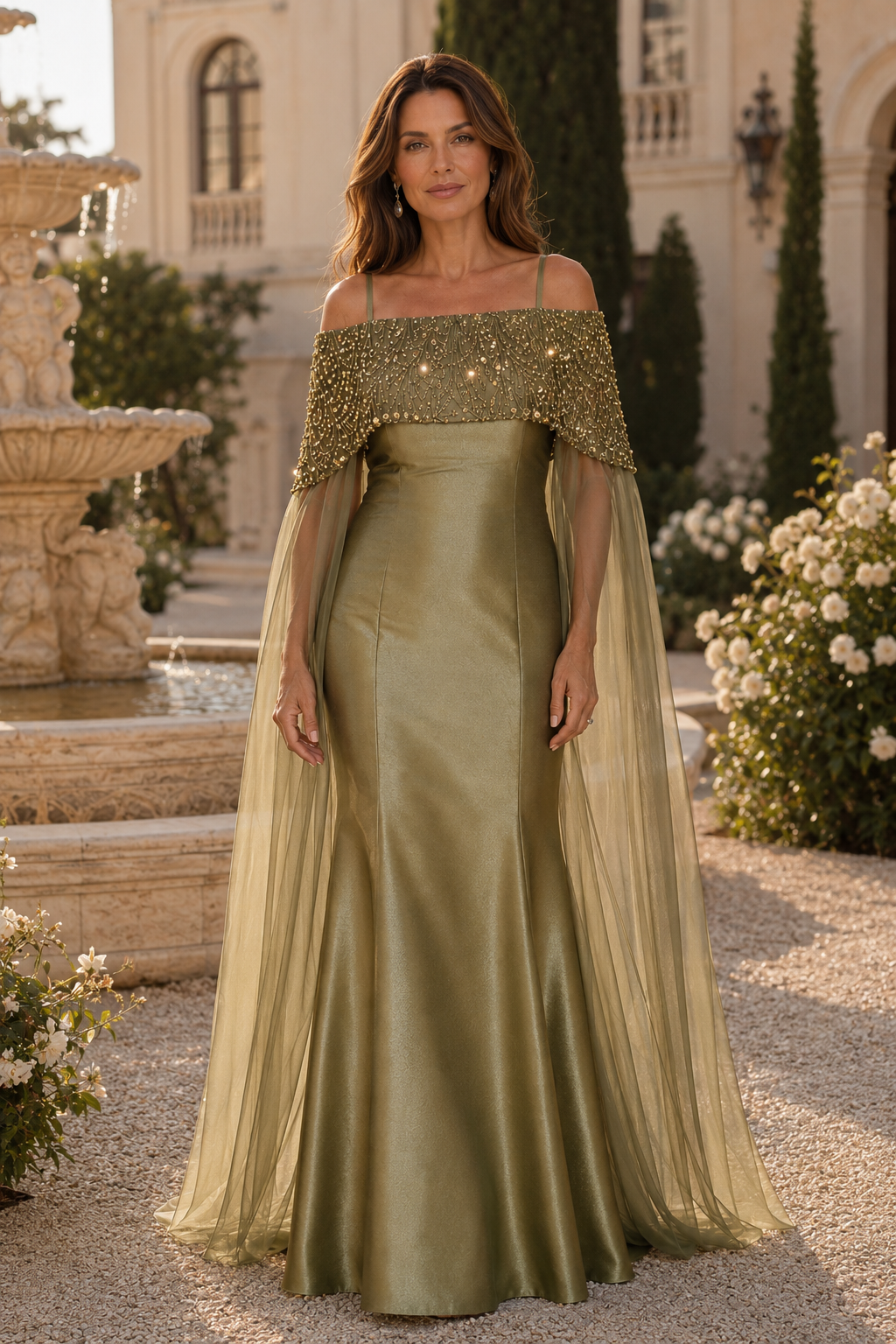 Vestido de noche sirena con capelina de cuentas