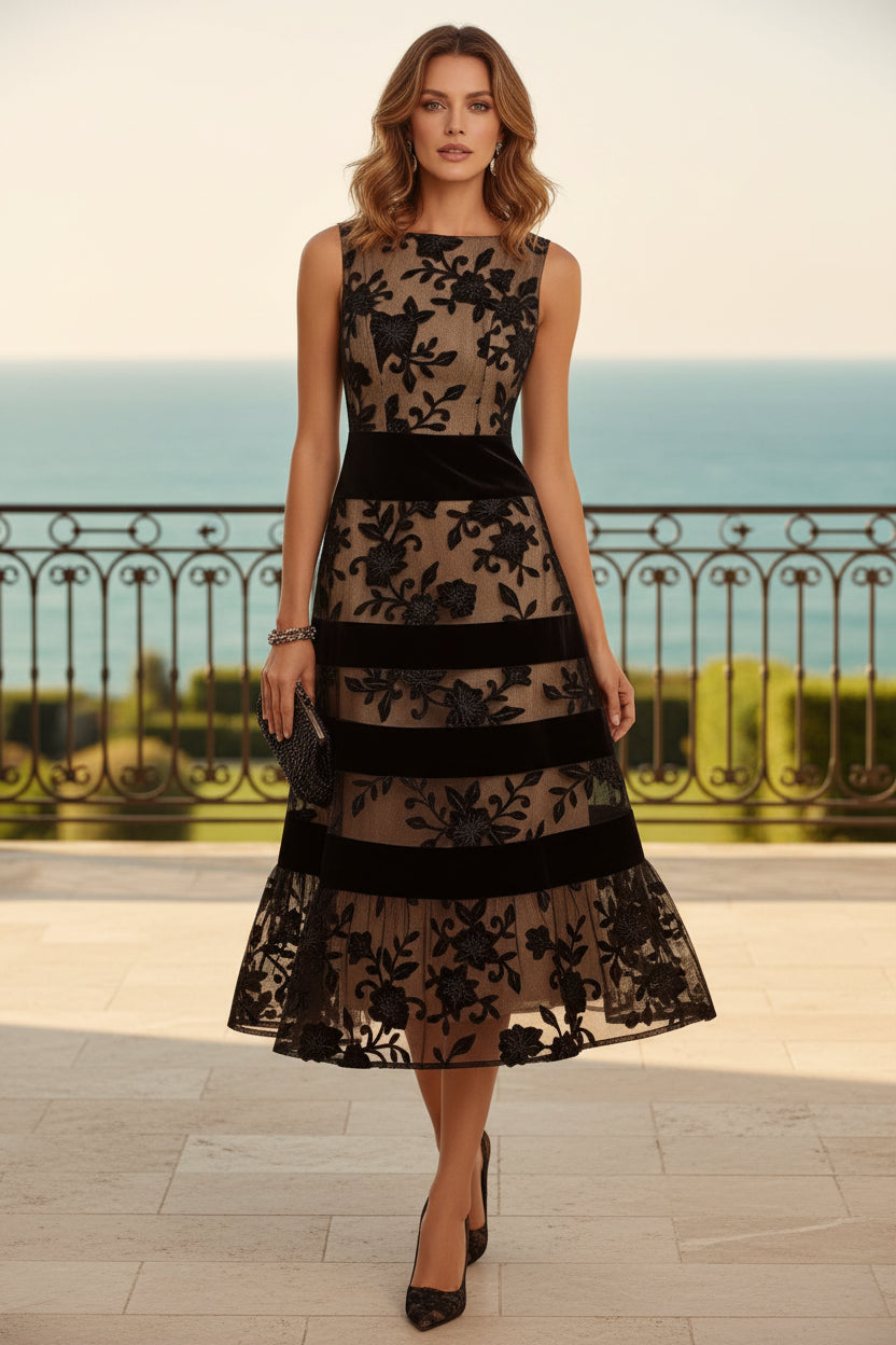 Vestido Midi Bordado Floral con Cintas de Terciopelo