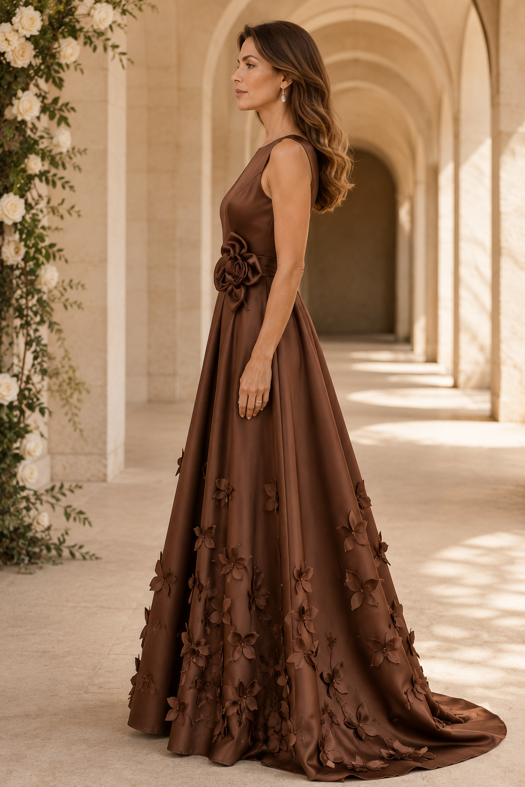 Vestido sin mangas con corte en A y apliques florales 3D