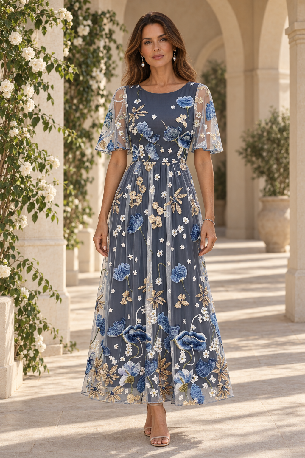 Vestido Evasé con Bordado Floral y Mangas con Volantes