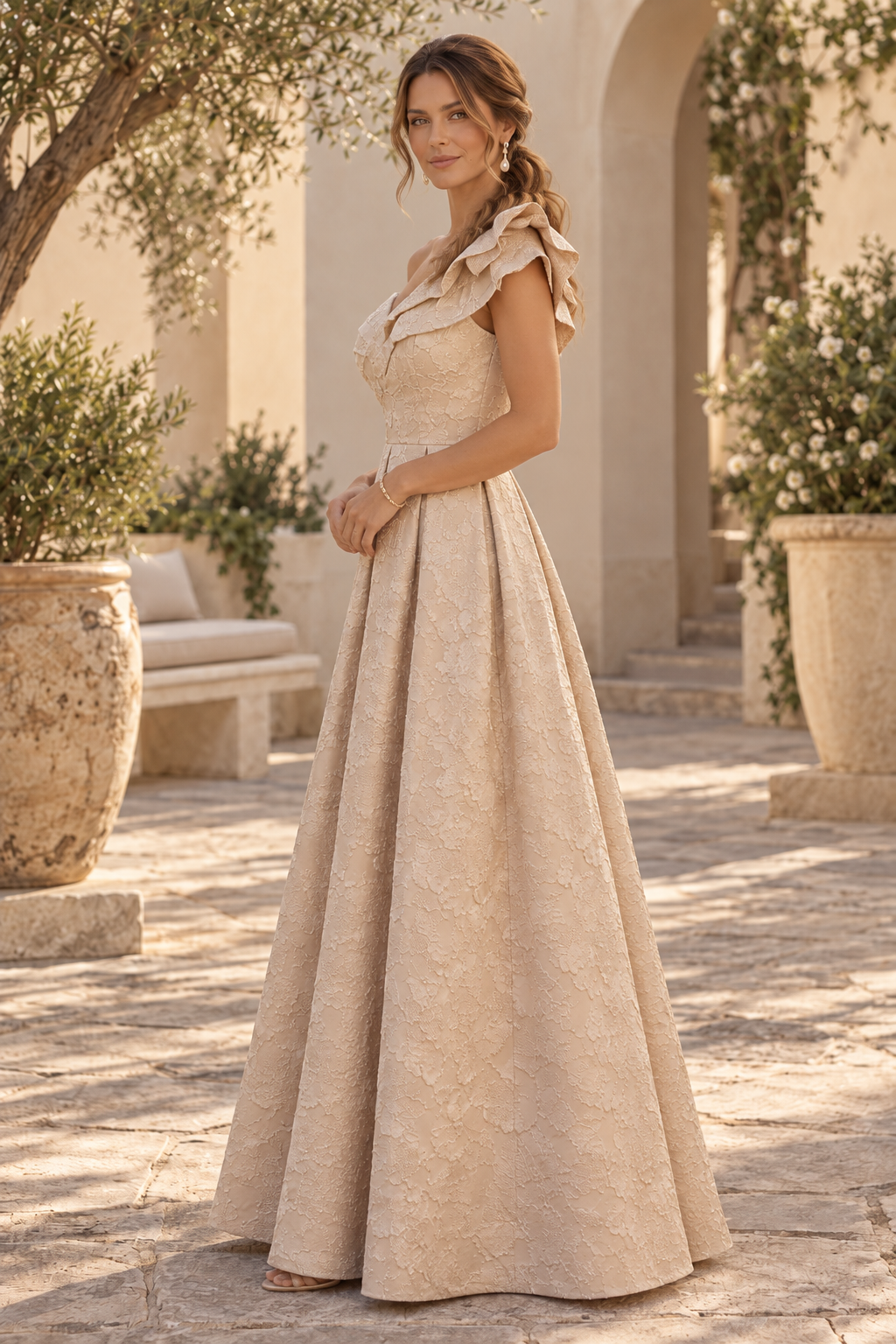 Asymmetrical Neckline Pleated A-Line Gown