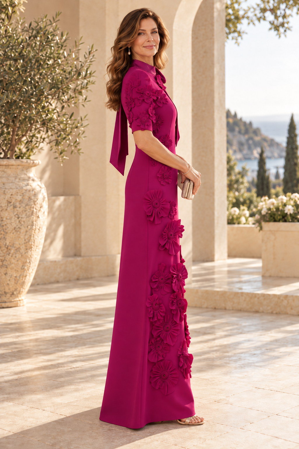 3D Floral High-Neck Gown with Bow Accent