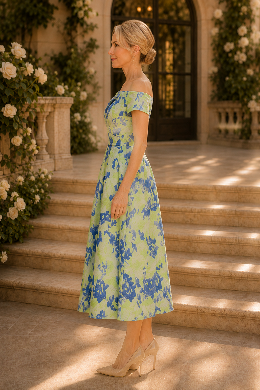 Vestido midi jacquard floral plisado con hombros descubiertos