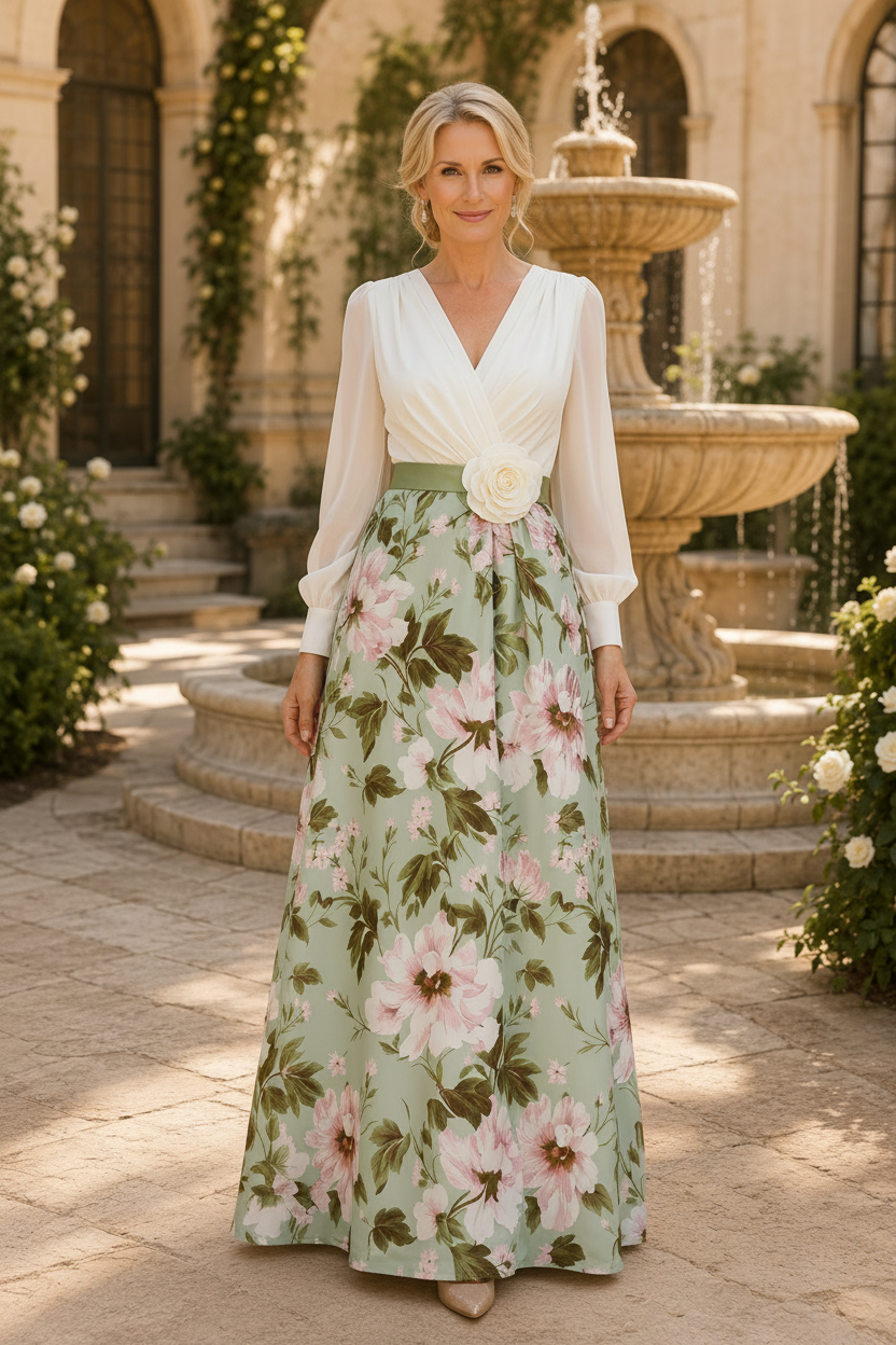 Vestido maxi acampanado con estampado floral y manga larga