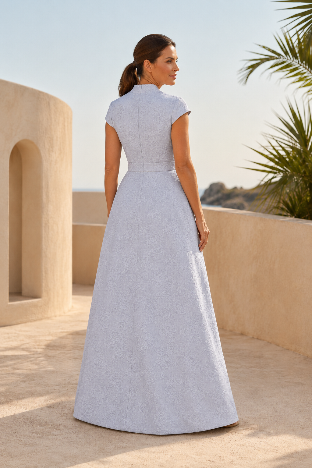 Vestido de jacquard con escote de pico y flor 3D