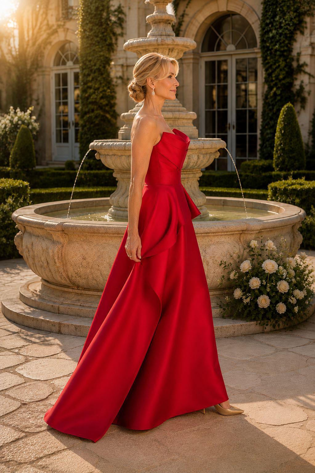 Vestido de gala de satén con peplum, escote palabra de honor y corte en A