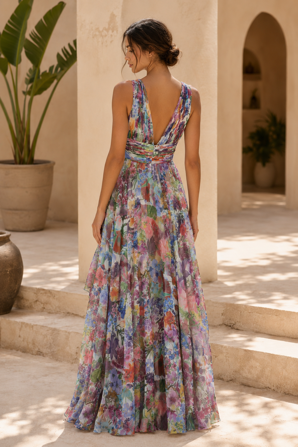 Vestido largo plisado con estampado floral y bajo asimétrico