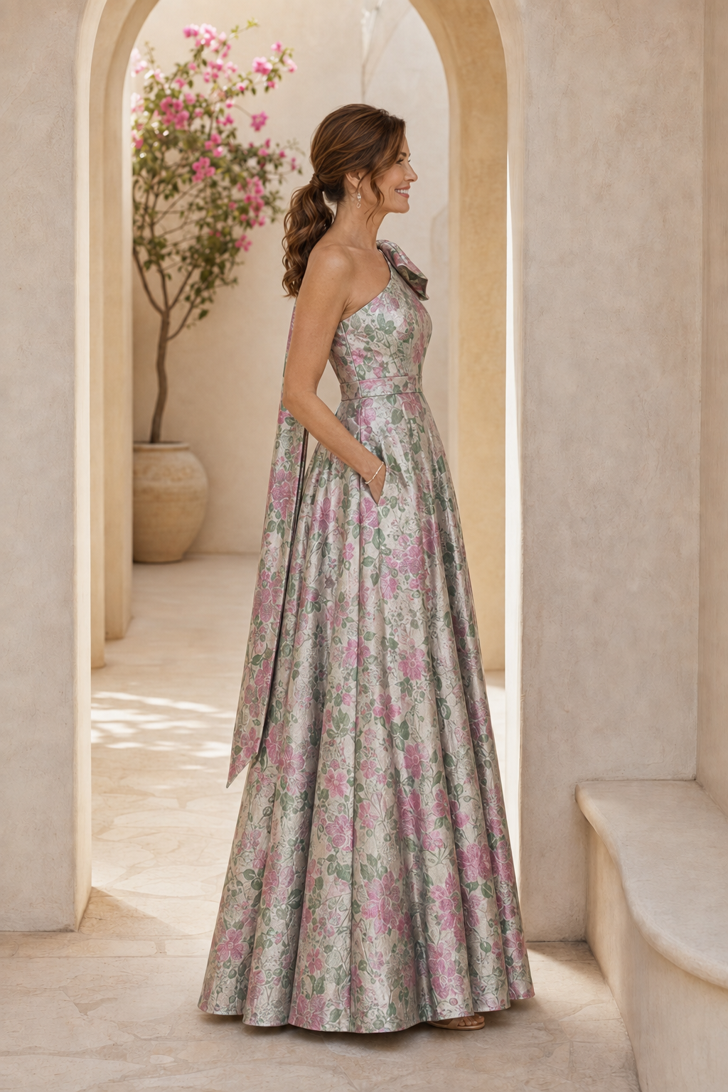 Vestido largo con diseño floral de jacquard, un solo hombro y corte en A
