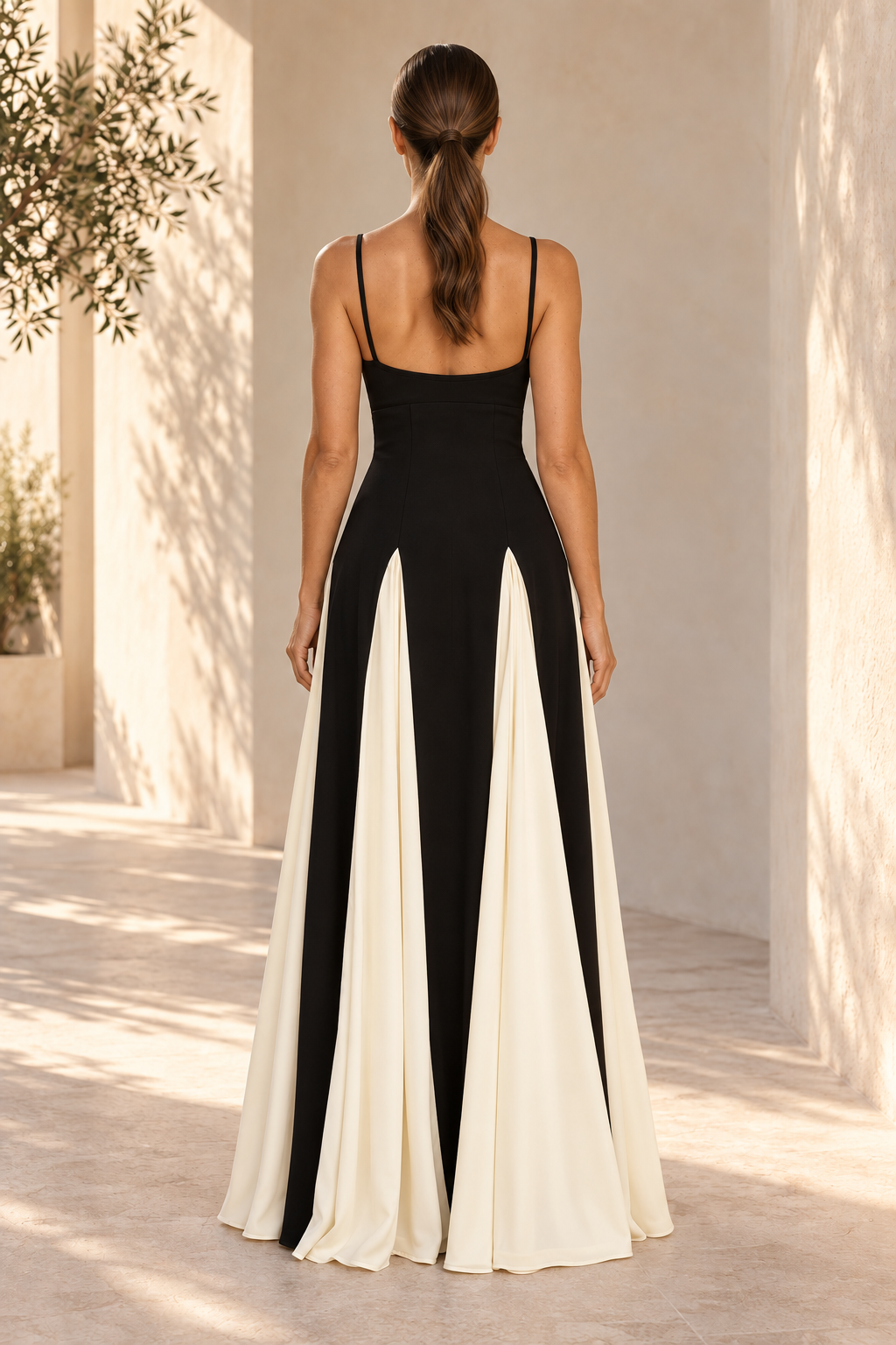 Spaghetti Strap Gown with Contrast Pleated Insets