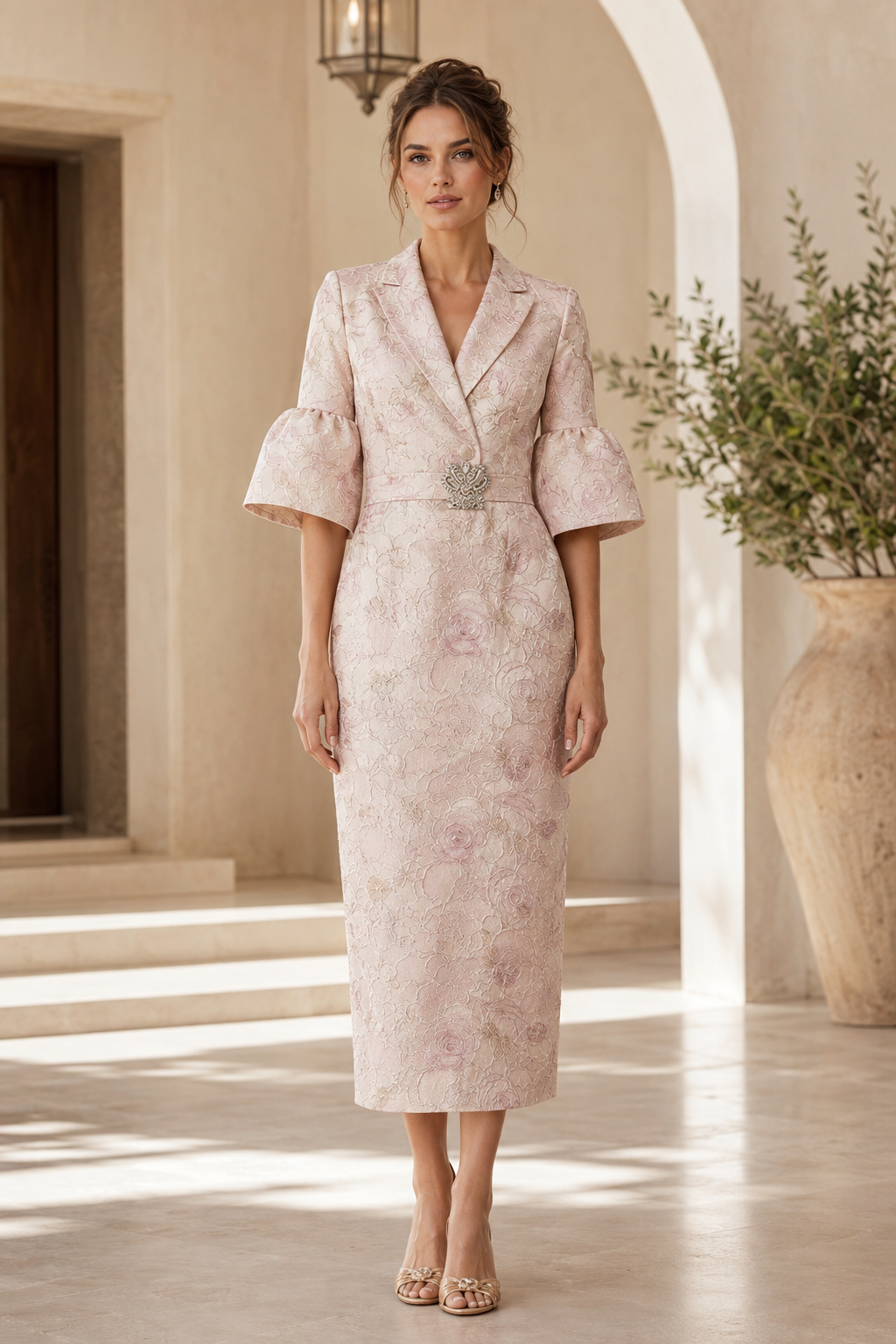 Vestido Midi Jacquard Floral con Mangas Acampanadas