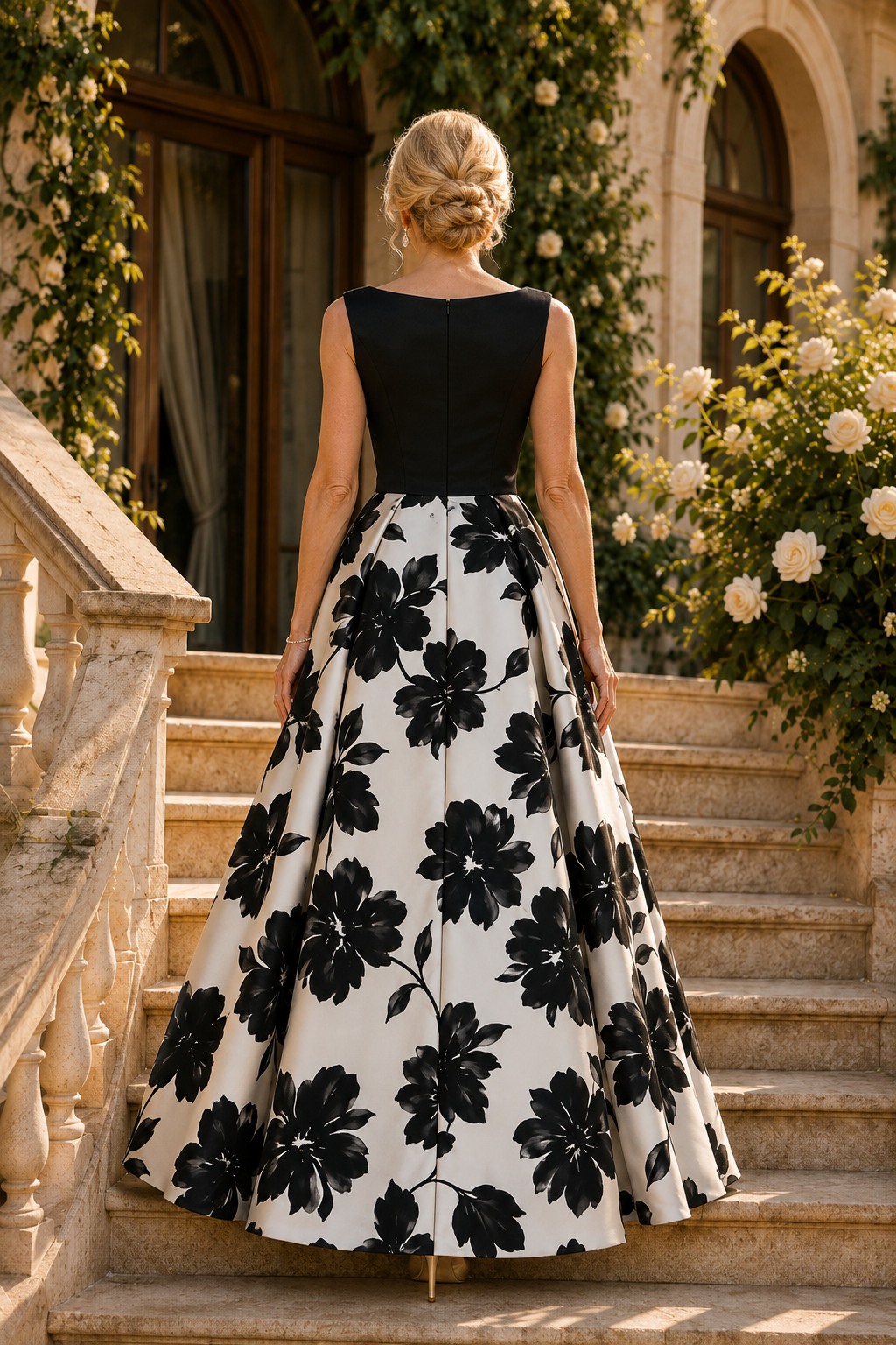 Vestido de Noche con Estampado Floral sin Mangas con Escote Bateau