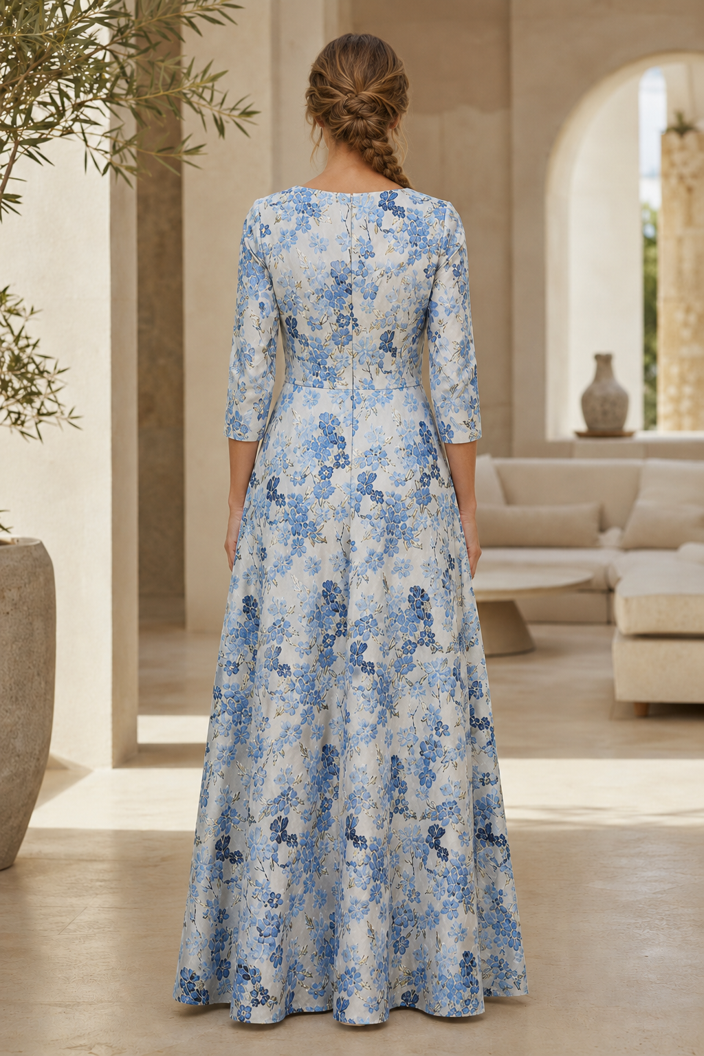 Vestido acampanado de jacquard floral con mangas tres cuartos