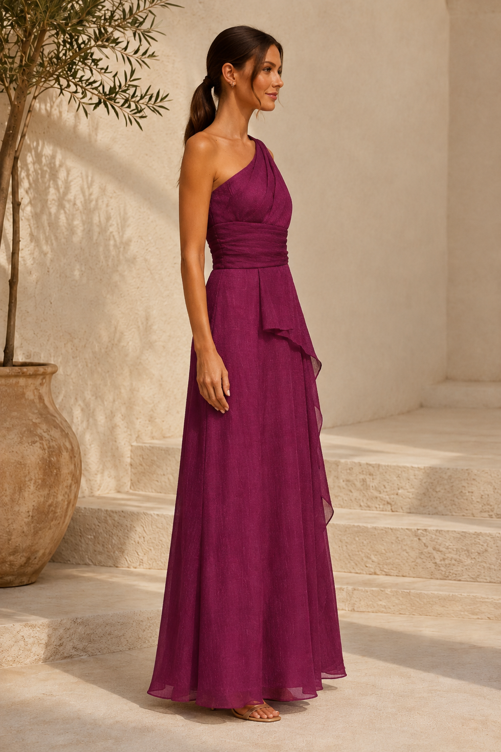Vestido de noche de chifón con corte en A y un solo hombro
