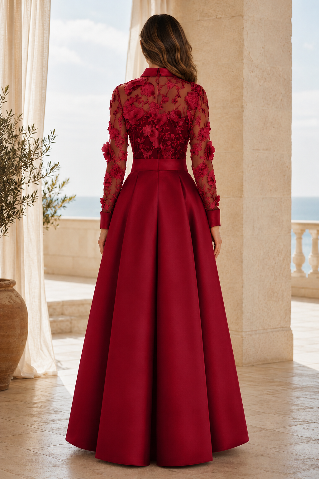 Vestido camisero de encaje floral 3D con falda asimétrica