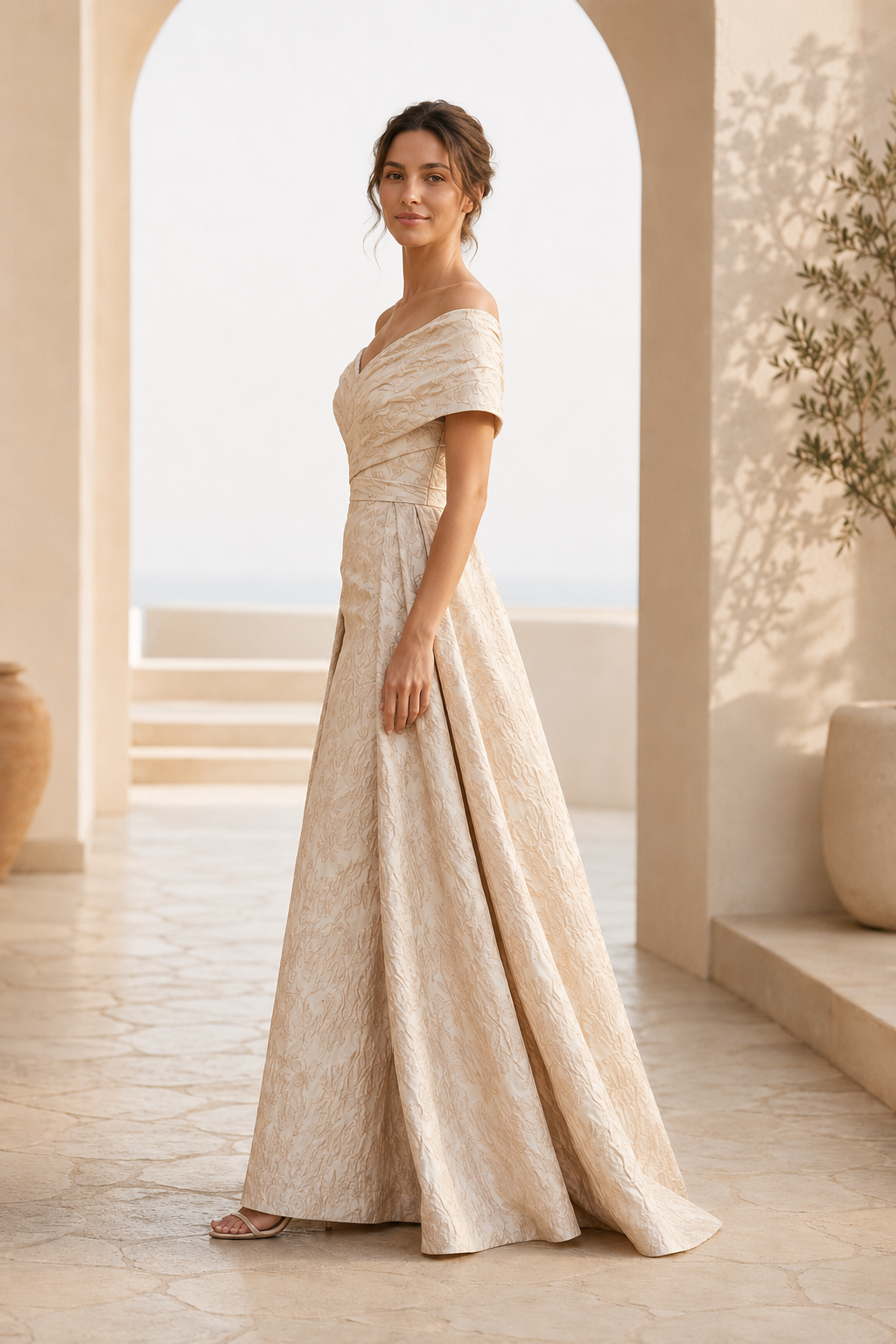 Vestido de jacquard con escote Bardot y falda en A, con corpiño plisado