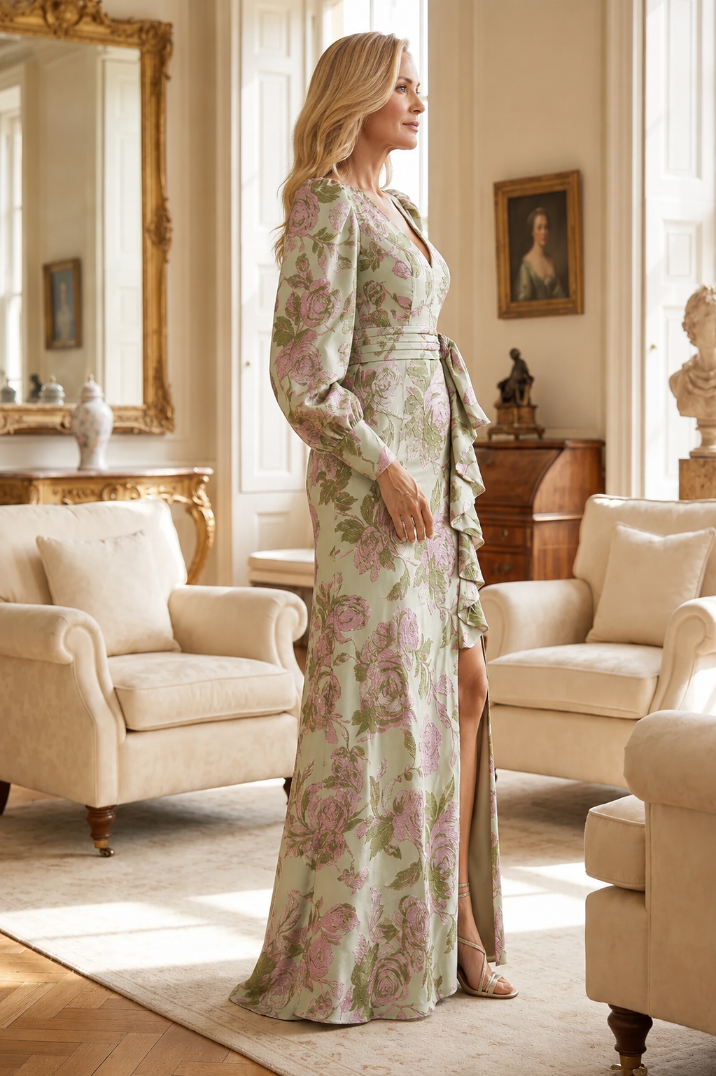 Vestido largo jacquard floral de manga larga con abertura alta