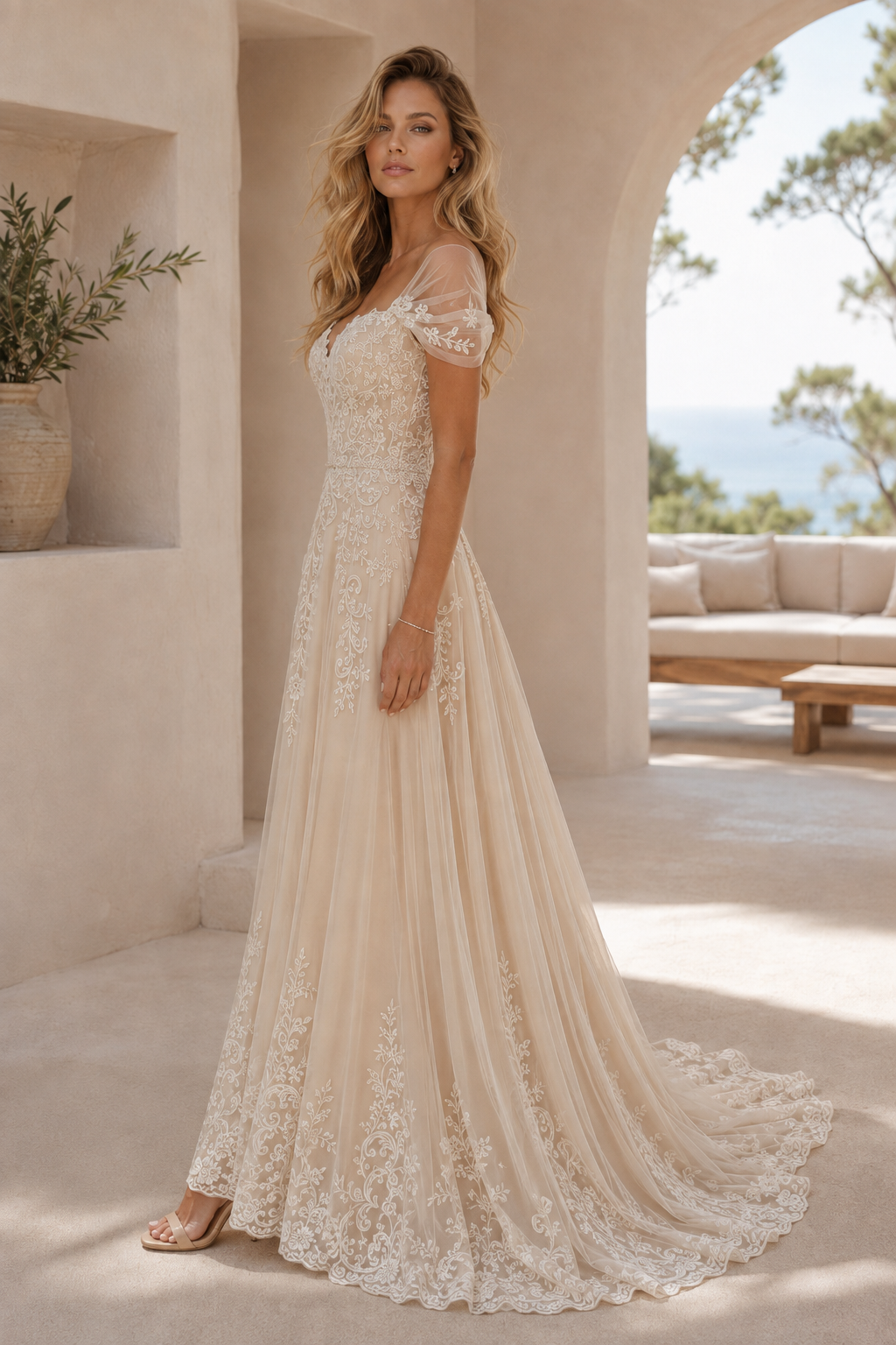 Vestido de novia de corte A con apliques de encaje y escote Bardot