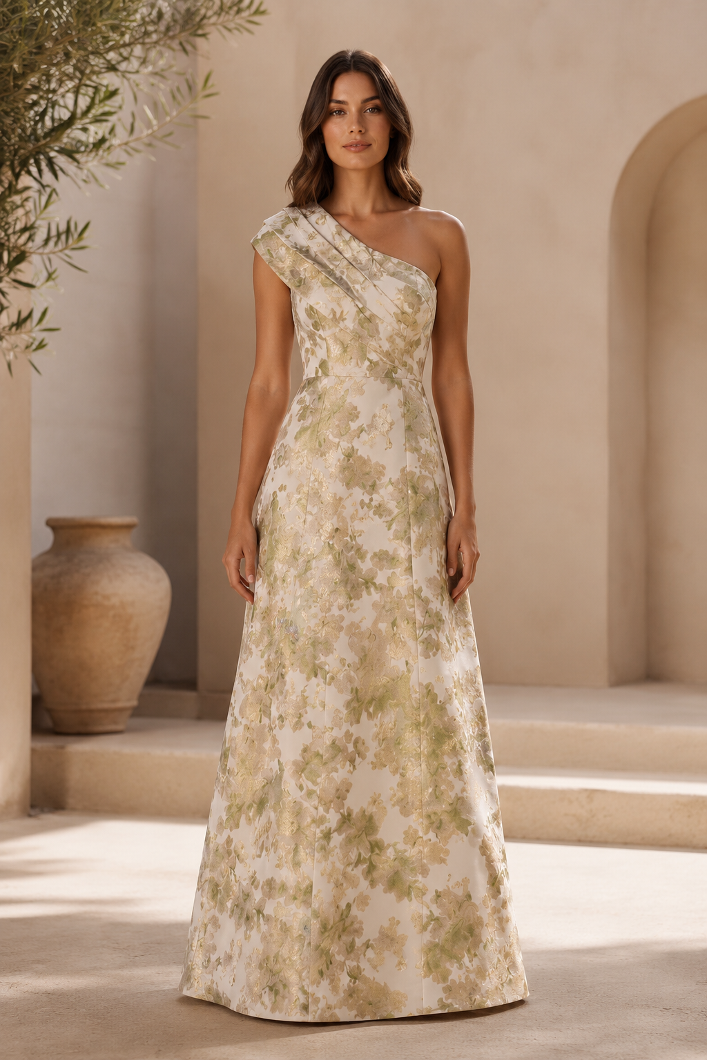 Vestido de Noche Acampanado con Jacquard Floral y Un Hombro