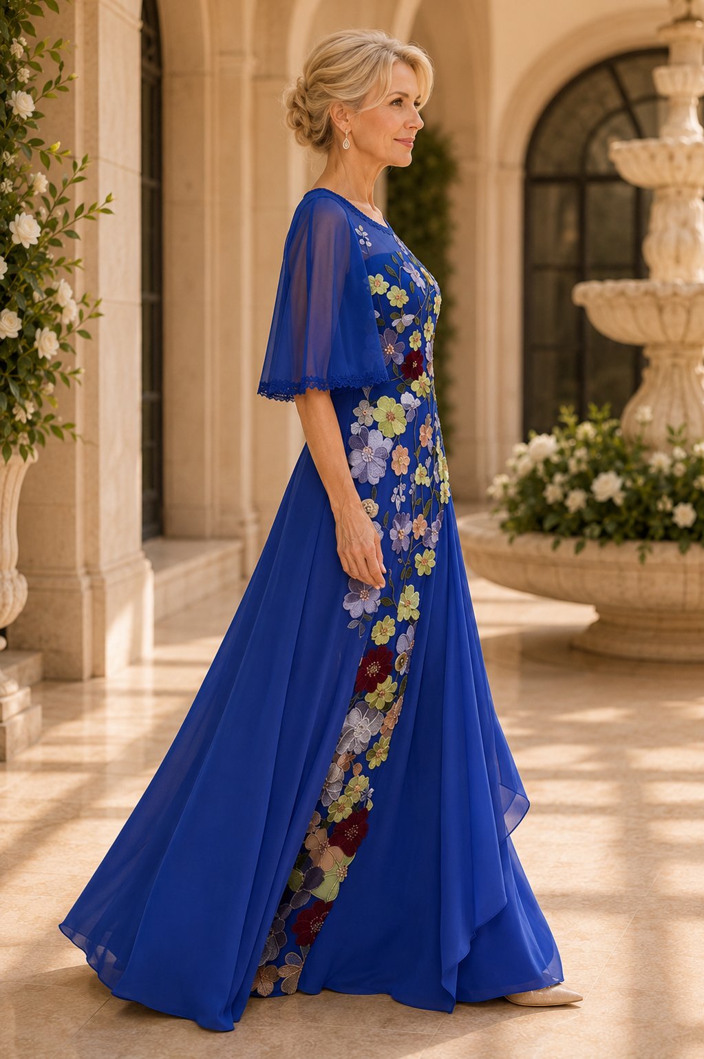Vestido ilusión floral bordado con mangas de mariposa
