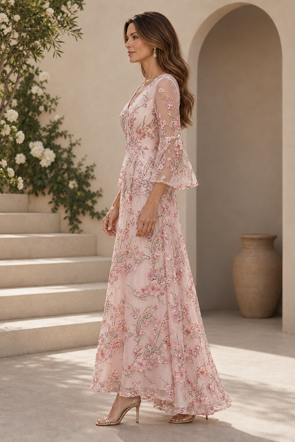 Vestido evasé floral bordado con mangas acampanadas
