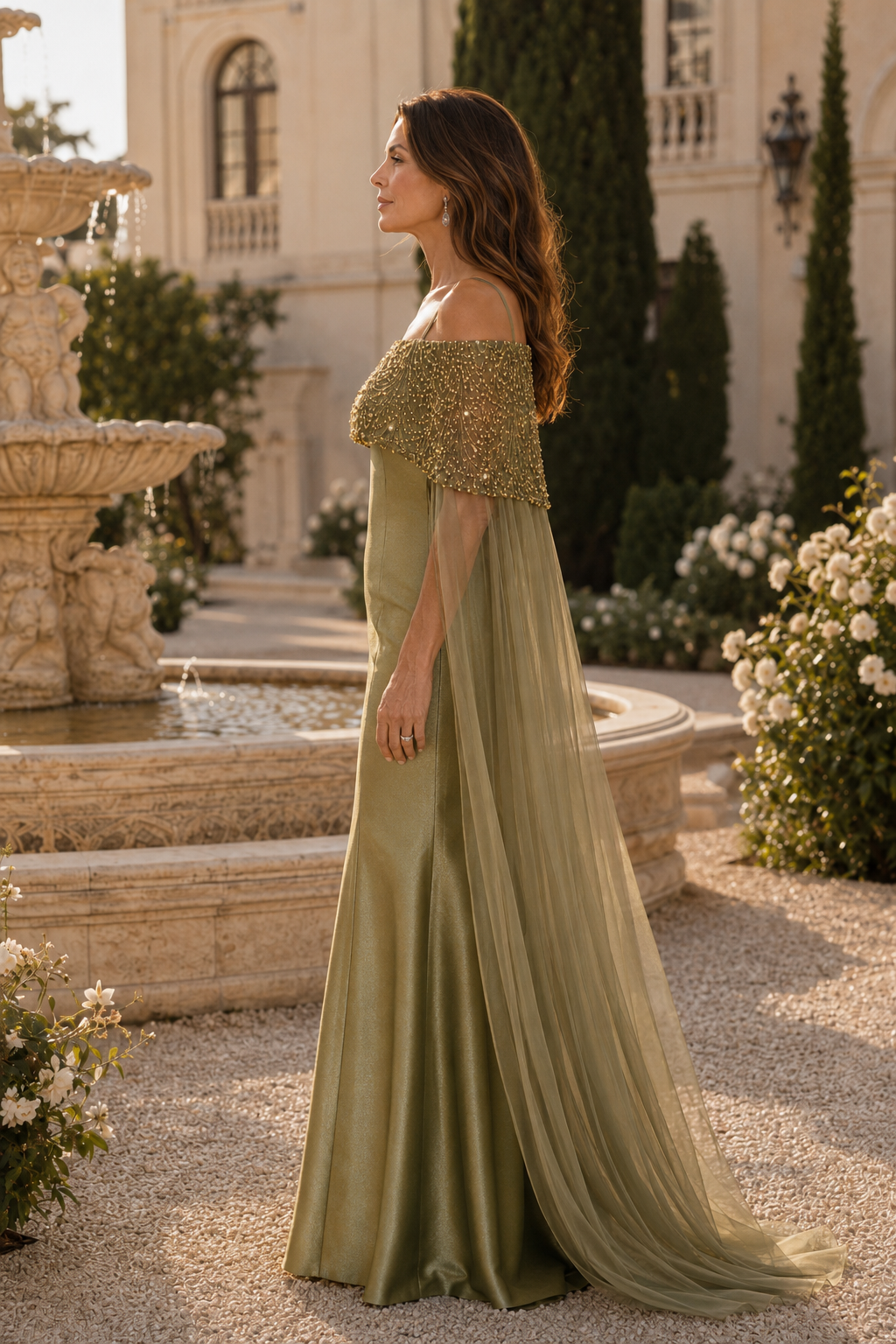 Vestido de noche sirena con capelina de cuentas