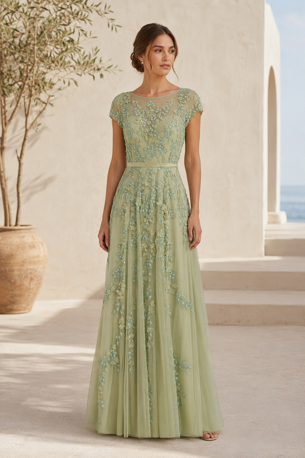Vestido de Noche Acampanado de Tul con Ilusión de Encaje Floral