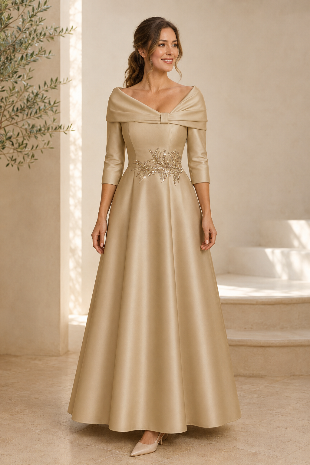 Vestido acampanado con apliques, escote barco y manga francesa