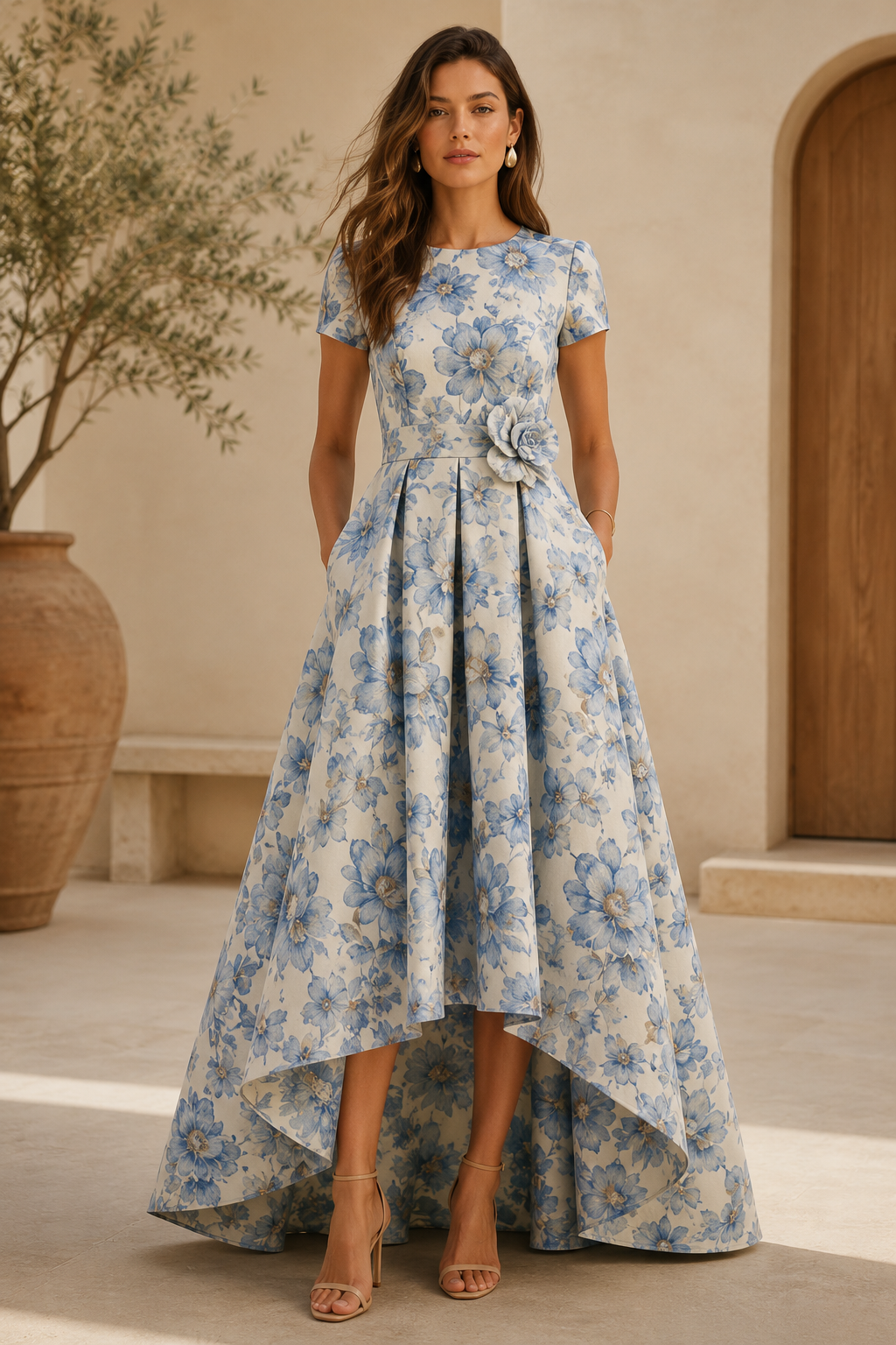 Vestido de noche acampanado floral con dobladillo asimétrico y flores 3D