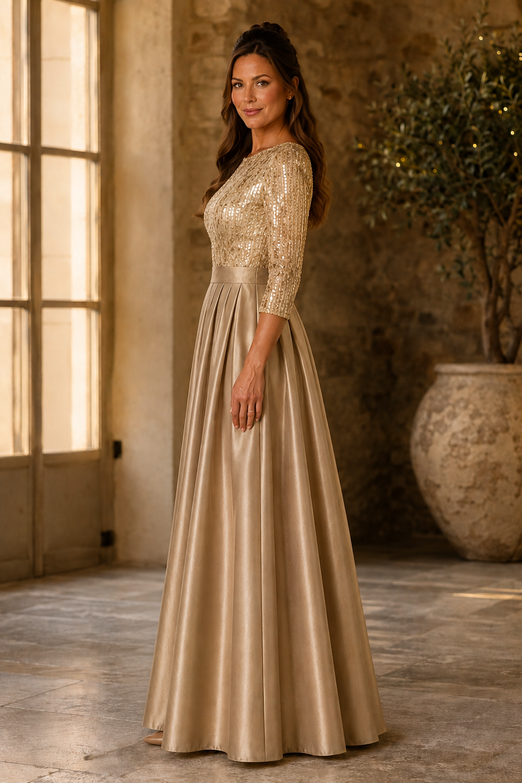Vestido de Noche Acampanado con Cuerpo de Lentejuelas y Mangas 3/4